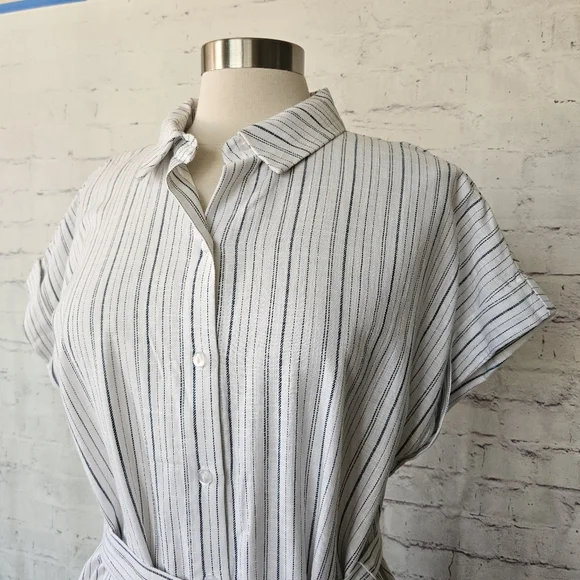 NWOT Ann Taylor Factory Button Front Cotton White Blue Stripe Shirtdress Large - Picture 4 of 11